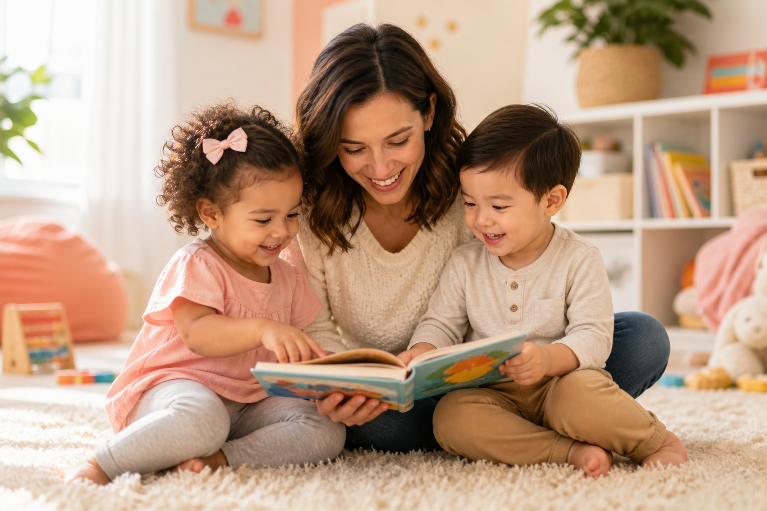 Parent reading a picture book with happy toddlers